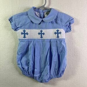 Cecil & Lou Cross Smocked Bubble Romper Baby 9m Blue Gingham Church Preppy